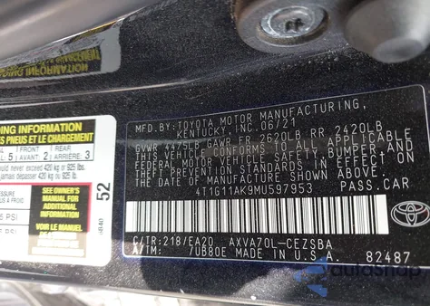 2021 Toyota Camry Se из США, поврежденный, VIN 4T1G11AK9MU597953